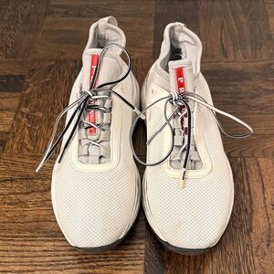 Prada Men's Off-White Knit Low-Top Sneakers with Red Logo Tongue